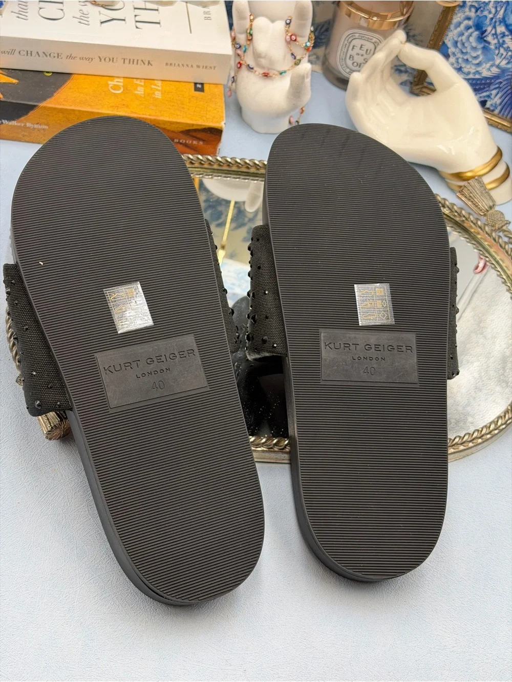 🆕 KURT GEIGER LONDON 🧿 NWOB Brockwell Black Embroidered Logo KURT Slide Sandal
